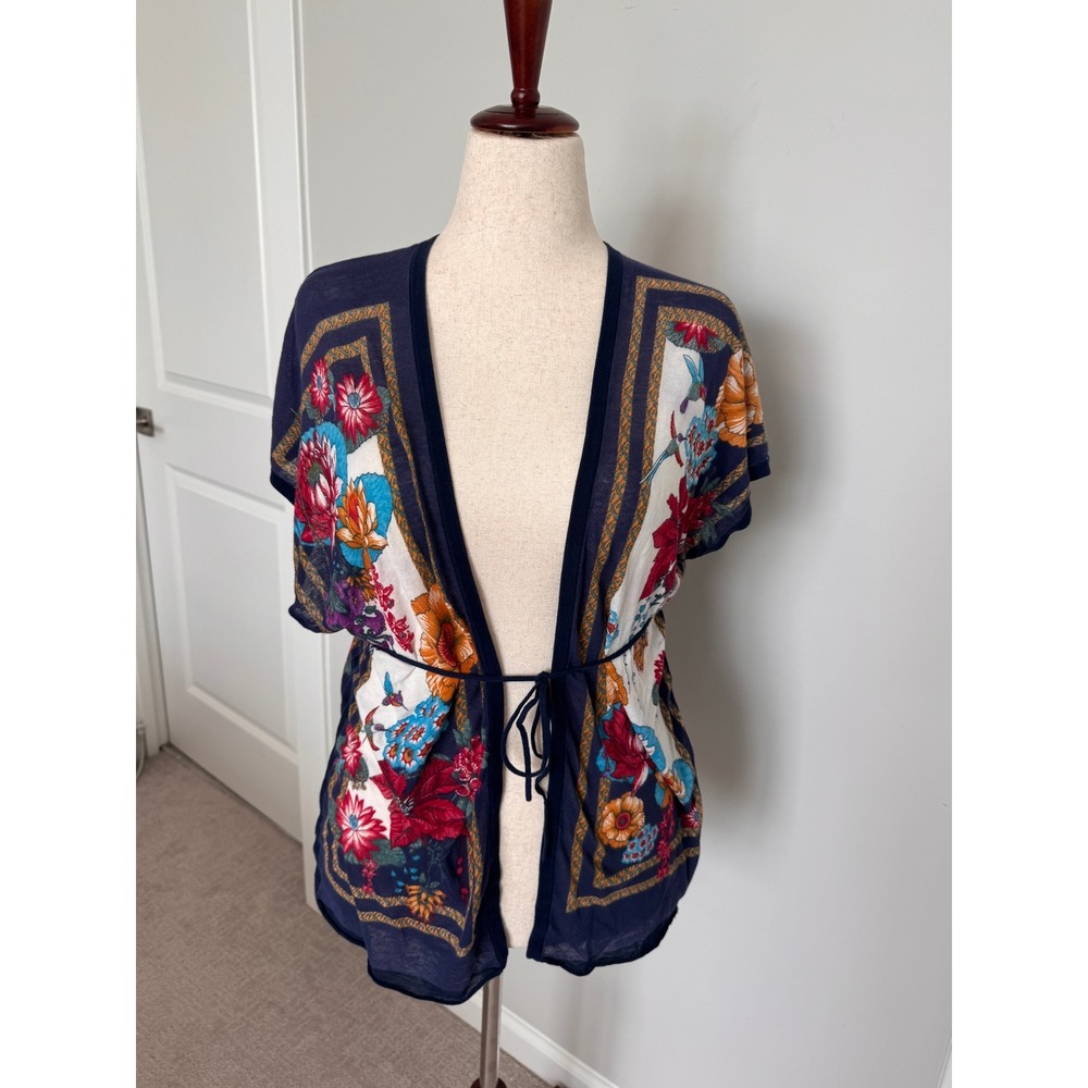 Anthropologie MOTH | Floral Kimono Cardigan Women M/L Navy Blue Scarf Print Boho